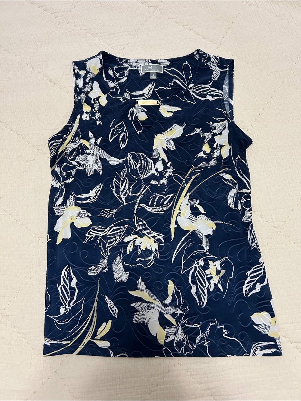 JM Collection Navy Floral Sleeveless Tank with Yellow and White Accents